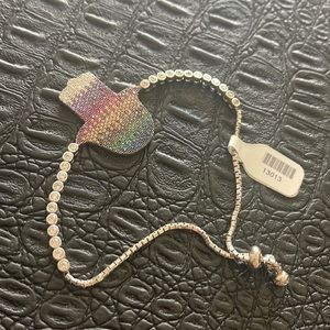 Hamsa Charm on a Adjustable Bolo Silver Color Bracelet with CZ -Rainbow-New